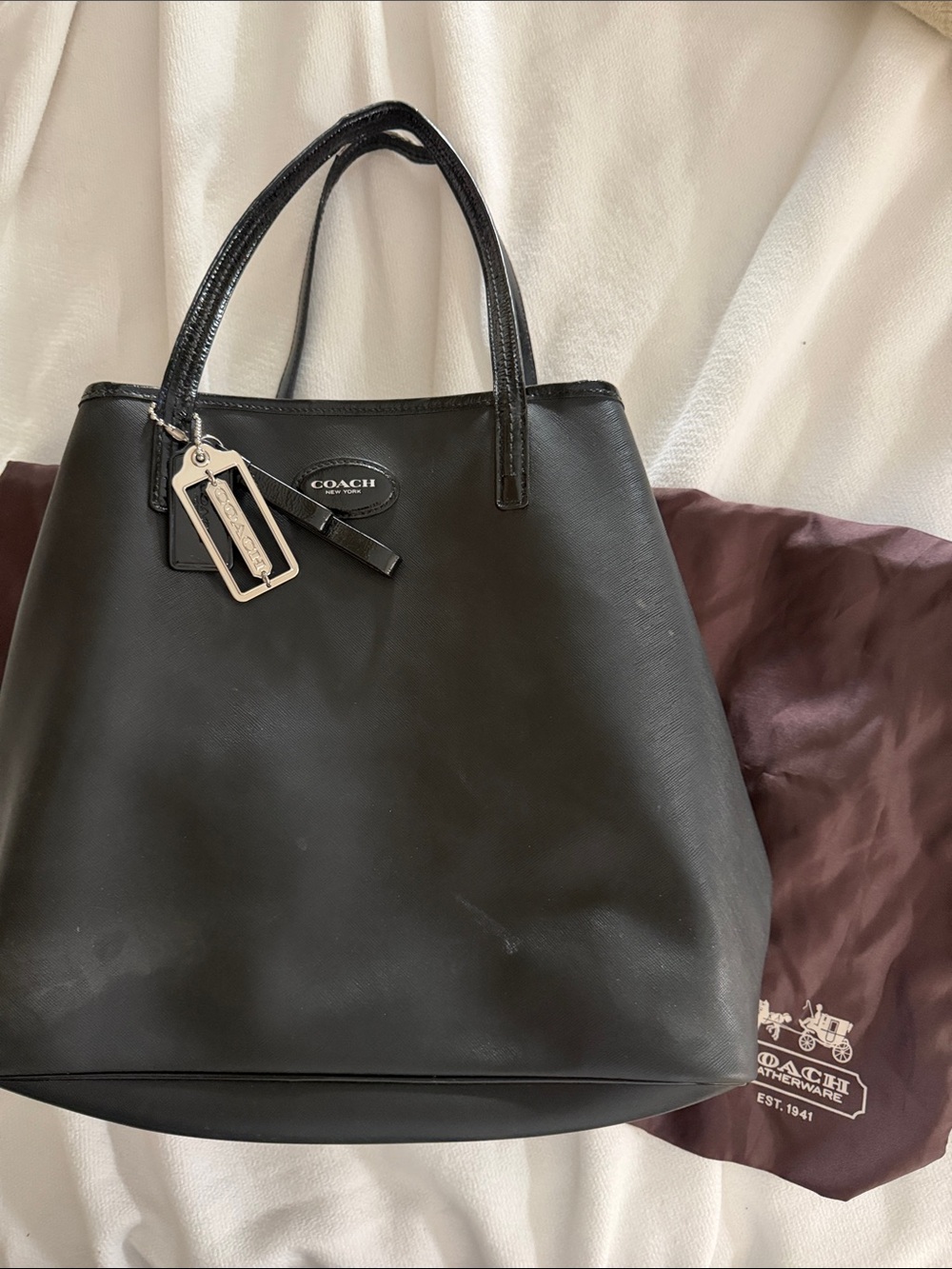 Coach Black Leather Tote with Silver Logo Tag